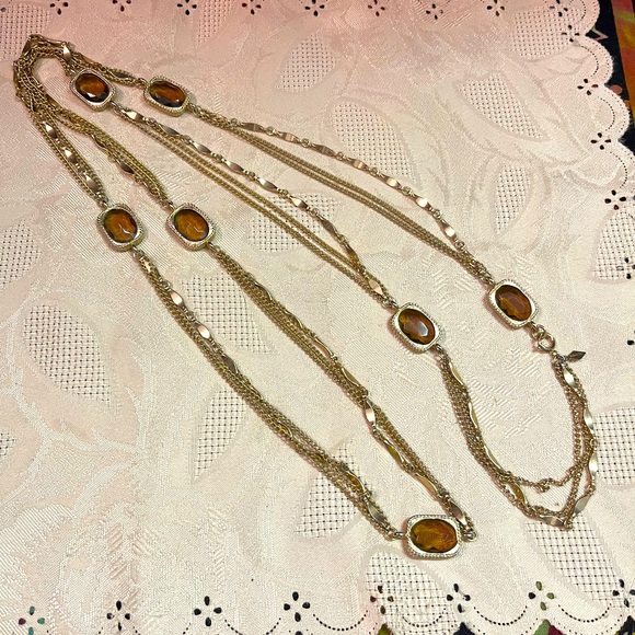 Sarah Coventry Jewelry - VTG Sarah Coventry Signed 52” Amber Glass Gold Tone Metal Costume Necklace